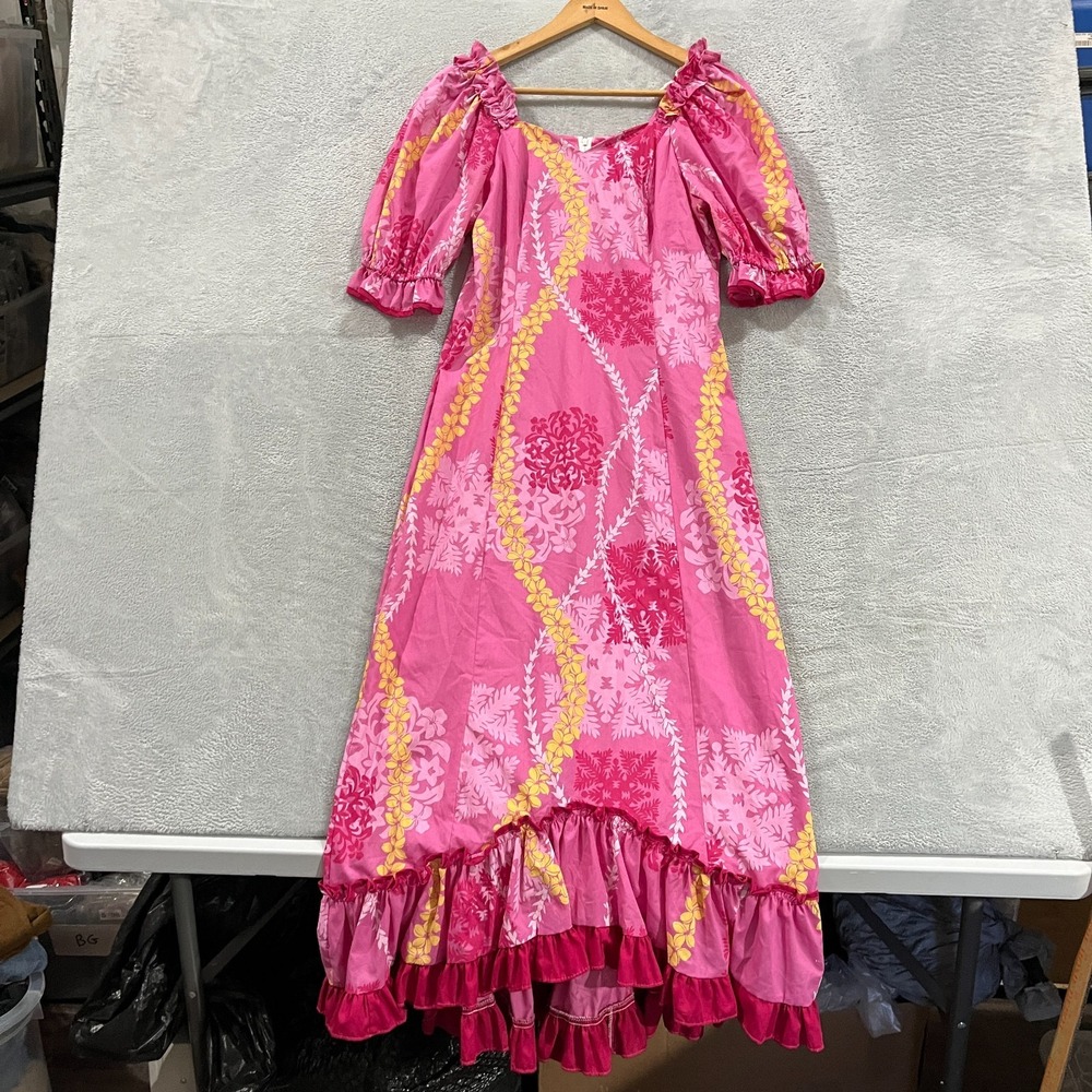 Vintage Shannon‎ Marie Dress Small Pink Hawaiian Ruffles 80s Maxi Boho Beach